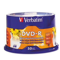 DVD-R, Inkjet/Hub Printable White, 4.7GB, 16X, 50/PK