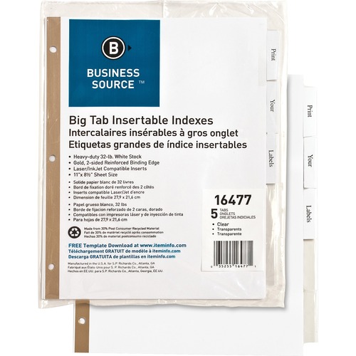 Index Dividers, 5-Tab, 11"x8-1/2", White Stock/Clear Tabs