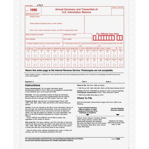 1096 Tax Form, With Carbon, 8"x11", 10/PK, White