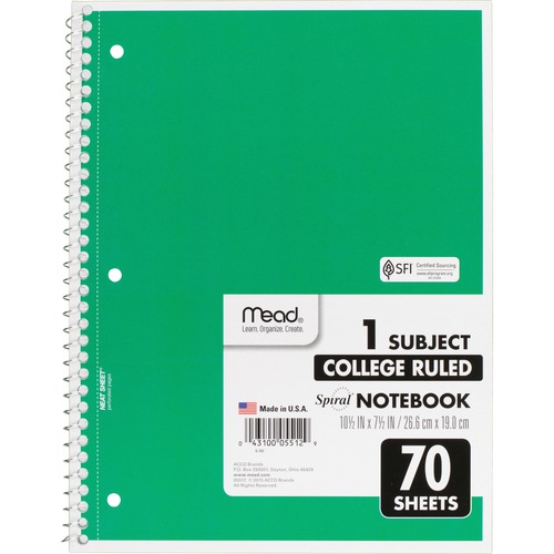 Spiral Notebk,1-Subject,College Rule,70 Sht,10-1/2"x8",AST