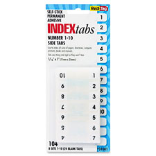 Self-Stick Index Tabs,Side,Permanent,1-10,1"x7/16",White