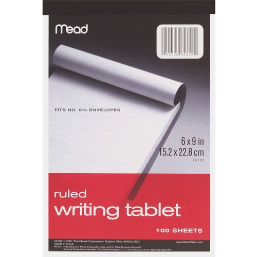 Writing Tablet,Top-bound,Ruled,20 lb.,6"x9",100 Sh,White