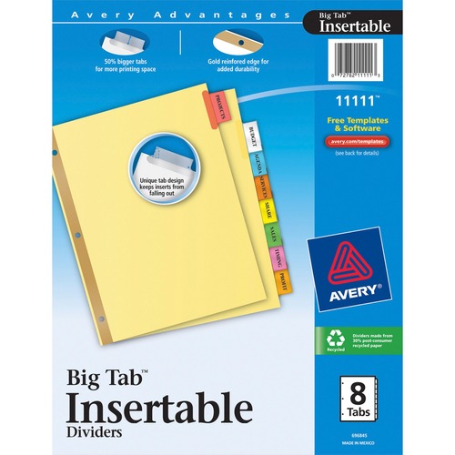 Big Tab Insertable Dividers,11"x8-1/2",8-Tab,Buff/Multi