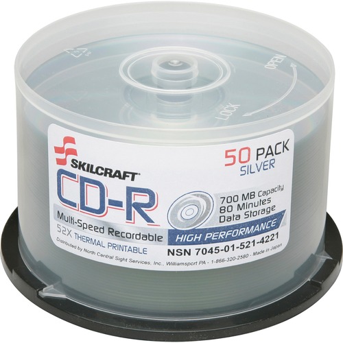 Recordable CD, 700MB, 52X.80min Cap, 50/PK, Spindle/Silver