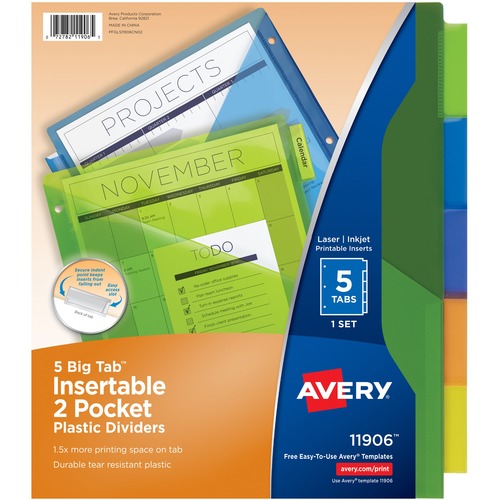 Two-Pocket Insertable Dividers, Plastic, 5-Tab, Multi-Color