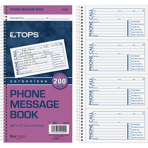 Phone Message Book, 4 Calls/Pg, 200 Sets, 11"x5-1/2", WE/CY