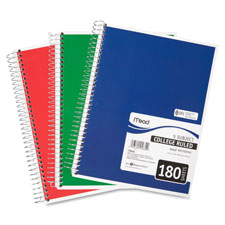 5-Sub Notebook, College Rld, 8"x10-1/2", 180Shts, Ast