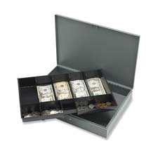 Cash Box,w/ 2 Keys,10 Compartments,15-2/5"x10-1/2"x2-1/4,GY