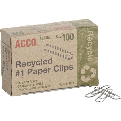 Recycled Paper Clips,No 1, 1-9/32" Size,Standard,100/BX
