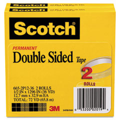 Double-sided Tape, 3"Core, 1/2"x1296", 2/PK, Clear