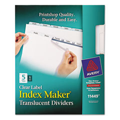 Index Label Dividers, Plastic, 5-Tab, 3HP Punched, Clear