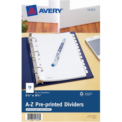 Pre-Printed Dividers,w/7 Holes,12-Tabs,A-Z,8-1/2"x5-1/2",WE