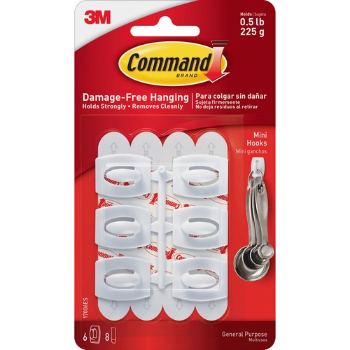 Command Hooks, Mini , 1/2lb. Capacity, 6 Hooks/8 Strips