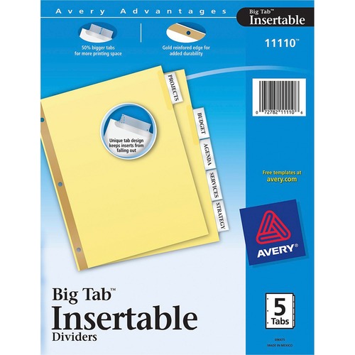 Big Tab Insertable Dividers,11"x8-1/2",5-Tab,Buff/Clear