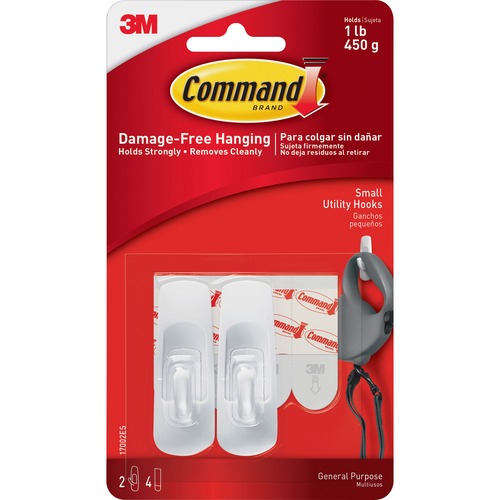 Command Hooks, Small, 1lb. Capacity, 2 Hooks/4 Strips