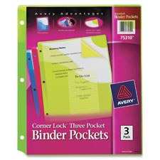 Binder Pockets, Corner Lock, 20 Pg Cap., 3/PK, Assorted