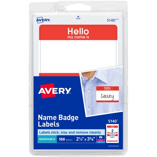 Name Badge Labels,"Hello"/Name,2-1/3"x3-3/8",100/PK,Red