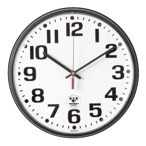 Atomic Slimline Clock, 12" Diameter, Black Print/White Face