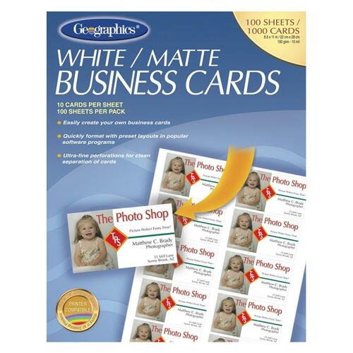 Printable Business Cards,Matte,3-1/2"x2",1000/PK,White