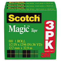 Magic Tape, 1" Core, 1/2"x1296", 3/PK, Transparent