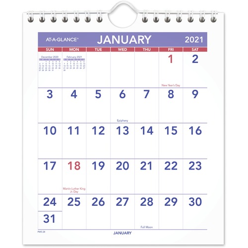 Mini Monthly Wall Calendar, 1PPM, Jan-Dec, 6-1/2"x7-1/2"