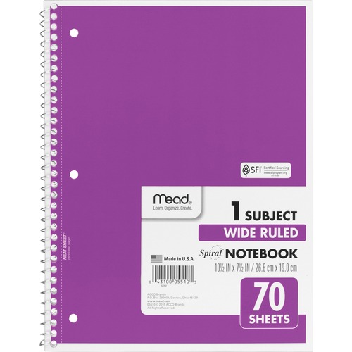 Spiral Notebook,1-Subject,Wide Rule,70 Sht,10-1/2"x8",AST