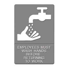 ADA "Wash Hands" Sign, Adhesive, 6"x9", White/Gray