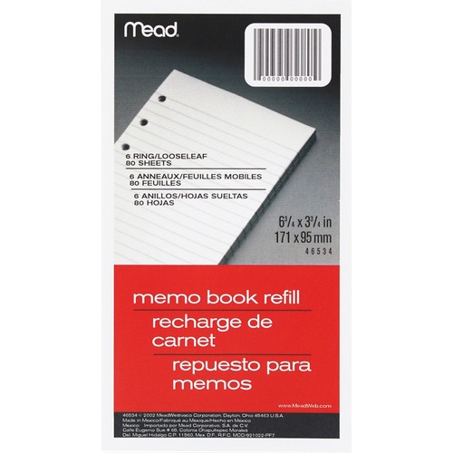 Memo Book Refill,Narrow Ruled,6HP,6-3/4"x3-3/4",80 Sh,White