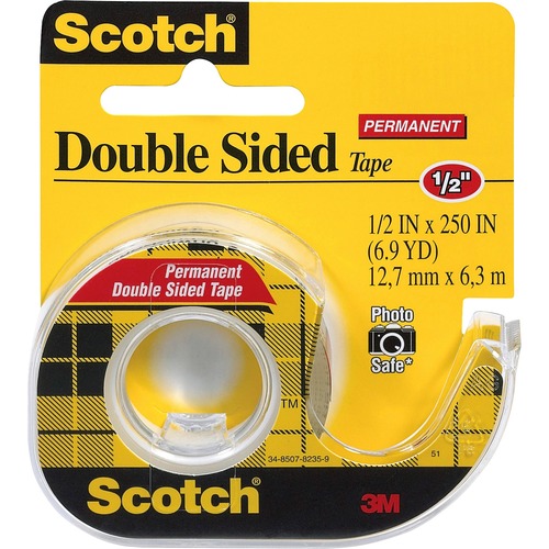 Double-sided Tape,w/Dispenser,Permanent,1/2"x250",CL