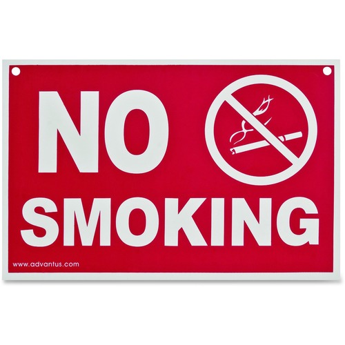 No Smoking Wall Sign, Punched for Hanging, 12"x8", White/Red