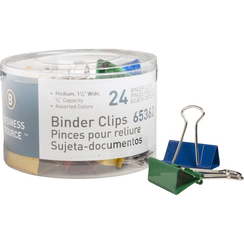 Binder Clips, Medium 1-1/4"W, 5/8" Capacity, 24/PK, Assorted