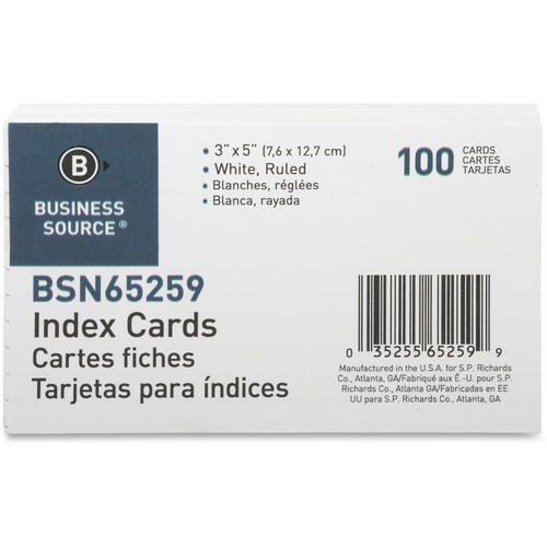 Index Cards, Ruled, 72 lb., 3"x5", 100/PK, White