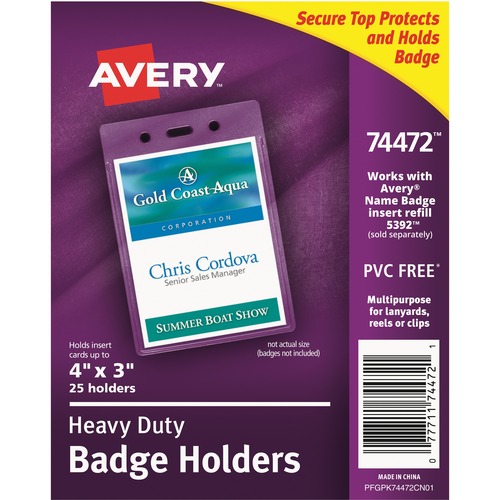 Badge Holders, Top Load, Portrait, Pre-Punched, 3"x4", 25/PK