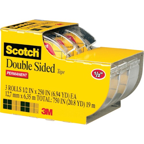 Double-sided Tape,w/Dispenser,Permanent,1/2"x250",3/PK,CL